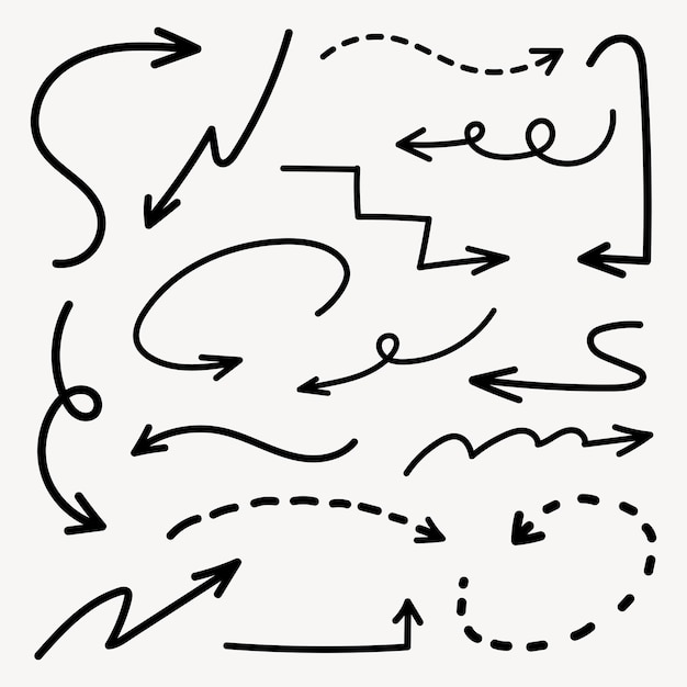 Set of simple lines hand drawn black arrows in various style
