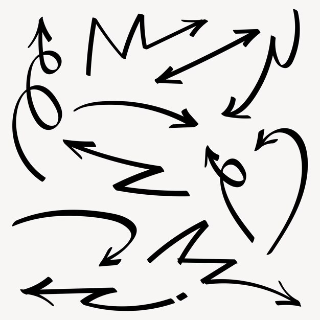 Set of simple lines hand drawn black arrows in various style