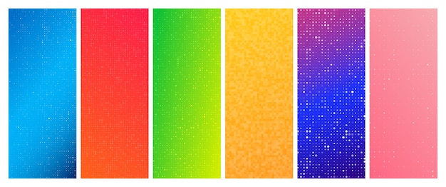 Set of six abstract gradient geometric backgrounds with squares Pixel backgrounds with empty space Vector illustration