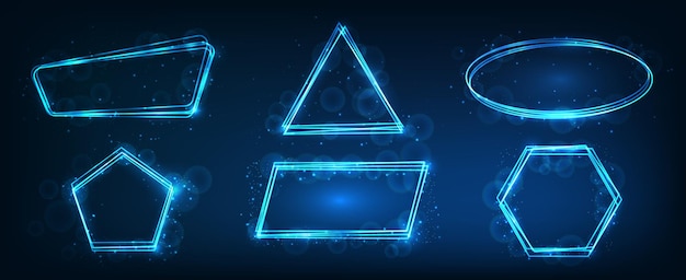 Set of six neon frames in different geometric forms with shining effects and sparkles on dark background Empty glowing techno backdrop Vector illustration