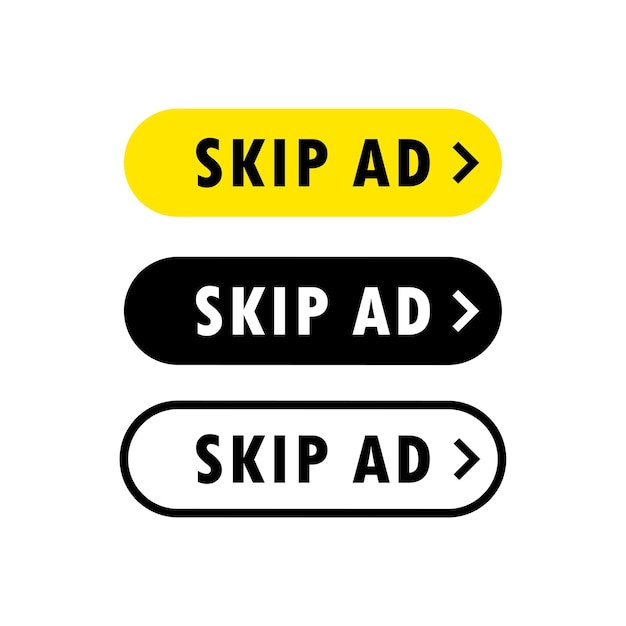 Set of skip ad button. Stop advertisement. Skip or stop ad button.   