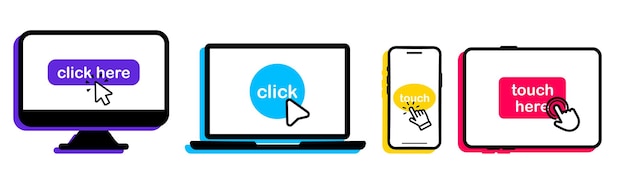 Set of smartphone, laptop, computer, tablet icons with click here button. Click on the devices. Device icons with click cursor. Touch here for link to websites. Arrow with touch button. Touch, click