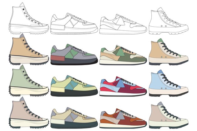 Set of sneakers illustration in colorful drawings sneakers vector line art isolated bundling shoe illustration template