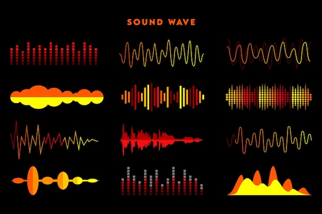 set of sound waves analog and digital line waveforms musical sound waves equalizer and recording