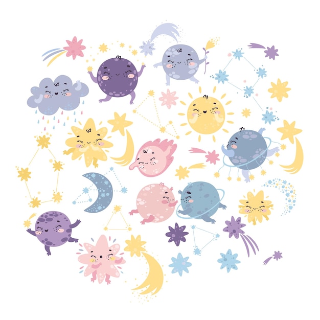 set of space objects cute planets and stars open space