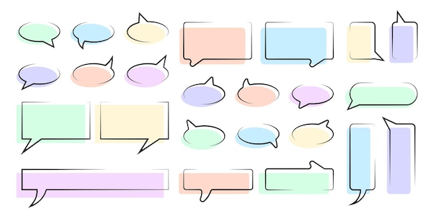 Set of speech bubbles graphic design elements for text and messages black outline text boxes