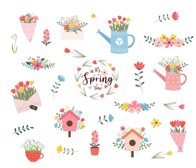 Set of spring hand drawn elements Floral decor Flowers branches bouquets watering can teapot