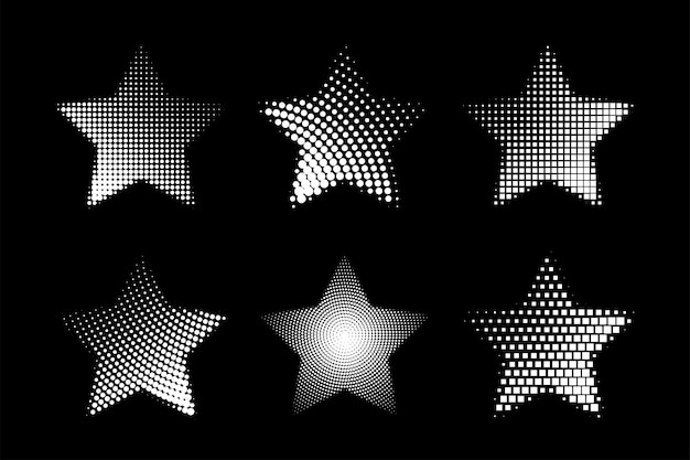 Set of star sign vector dotted halftone stars on black background