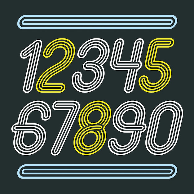 Set of stylish disco vector digits, modern numerals collection. Funky cursive numerals from 0 to 9 best for use in poster art. Created using geometric triple stripes.