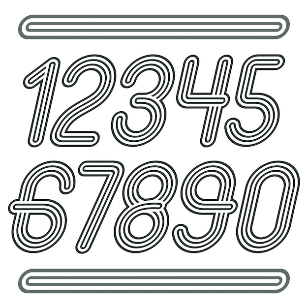 Set of stylish disco vector digits, modern numerals collection. Funky cursive numerals from 0 to 9 best for use in poster art. Made with geometric parallel triple lines.