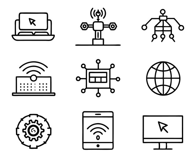 set of technology icon line art style technology digital background business network data