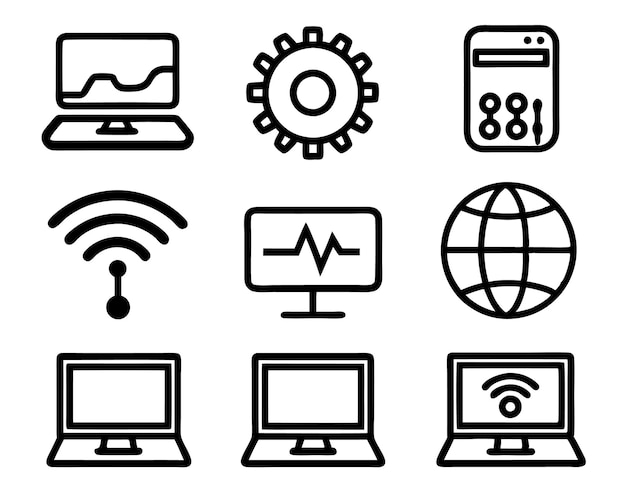 set of technology icon line art style technology digital background business network data