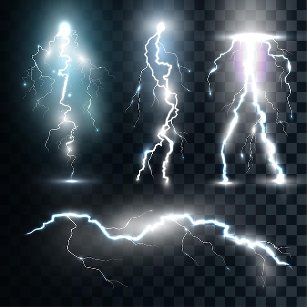 Set of the isolated realistic lightnings with transparency for design. Thunder-storm and lightnings. Magic and bright lighting effects. Natural effects
