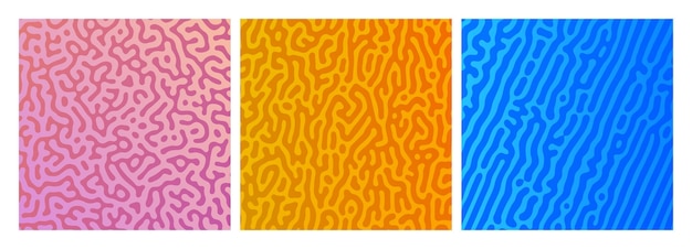 Set of three colorful turing reaction gradient backgrounds Abstract diffusion pattern with chaotic shapes Vector illustration
