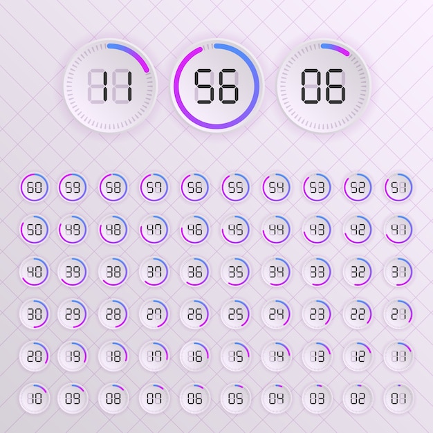 Set of timers. Sign icon. Set of minimalistic clock dial white with black ticks time.