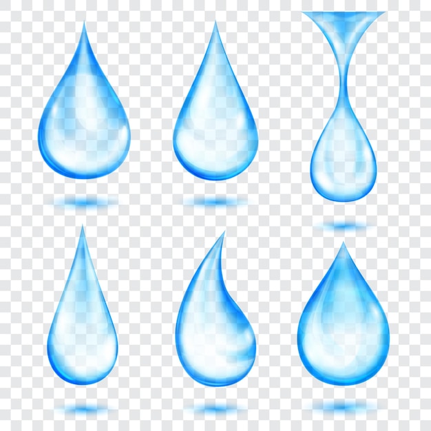 Set of translucent drops in light blue colors isolated on transparent background