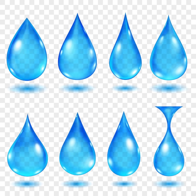 Set of translucent water drops in blue colors in various shapes isolated on transparent background
