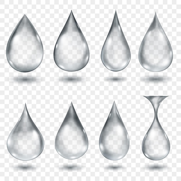 Set of translucent water drops in gray colors in various shapes
