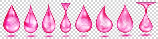 Set of translucent water drops in purple colors in various shapes isolated on transparent background