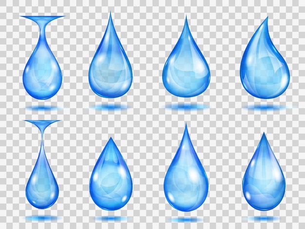 Set of transparent drops in blue colors