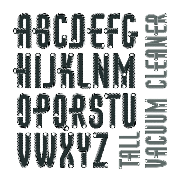 set of trendy condensed, tall, vector capital, upper case alphabet letters, abc isolated. funky font for use as business poster design elements. made with industrial hose, 3d cylinder tube design.