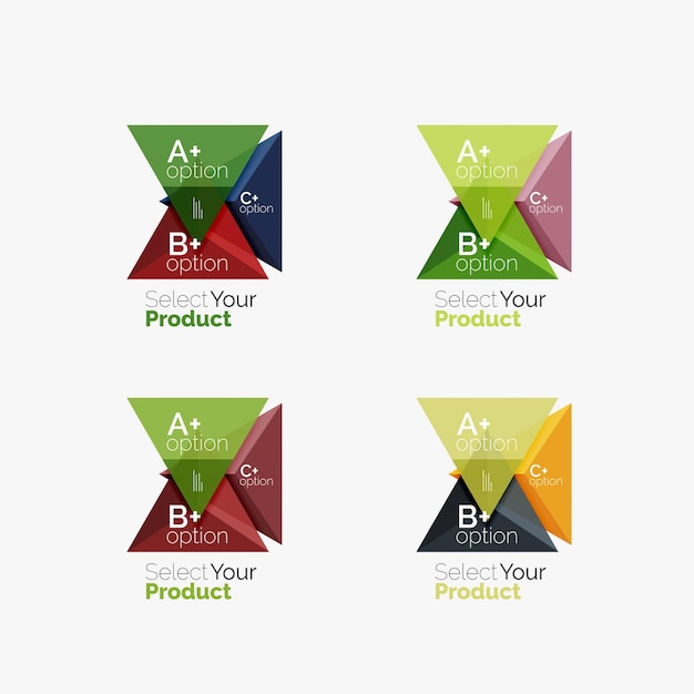 Set of triangle geometric business infographic templates Elements of business brochure info presentation background and web design navigation Select your product concept make a choice idea