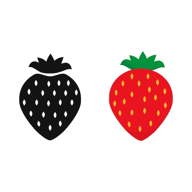 Set of two flat strawberry icons in minimalist style one in vibrant red and green one in solid black