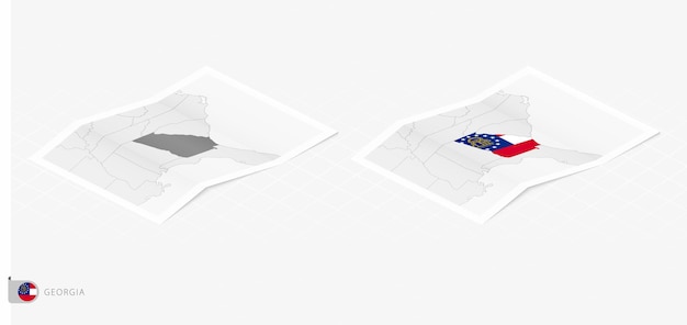 set of two realistic map of georgia with shadow the flag and map of georgia in isometric style