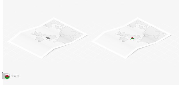 set of two realistic map of wales with shadow the flag and map of wales in isometric style