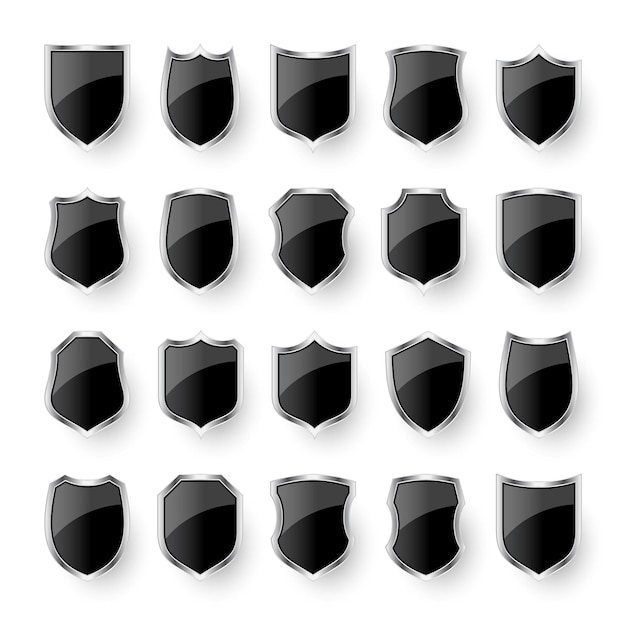 Set of various vintage d shield icons black heraldic shields protection and security symbol label
