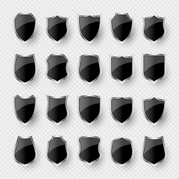 Set of various vintage d shield icons black heraldic shields protection and security symbol label