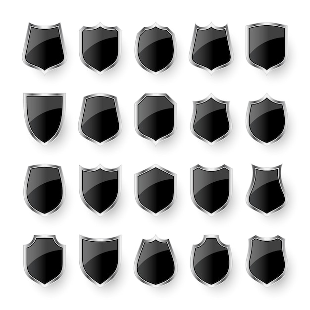 Set of various vintage d shield icons black heraldic shields protection and security symbol label