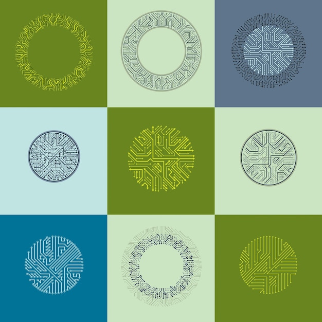 Set of vector abstract technology elements with round colorful circuit boards. High tech circular digital schemes of electronic device, multidirectional arrows.
