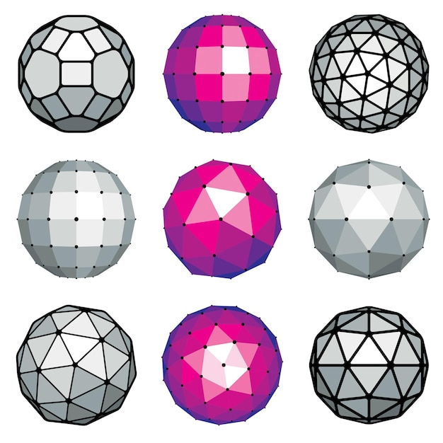 Set of vector dimensional low poly objects, spherical facet shapes. Technology 3d elements collection can be used as design forms in engineering.