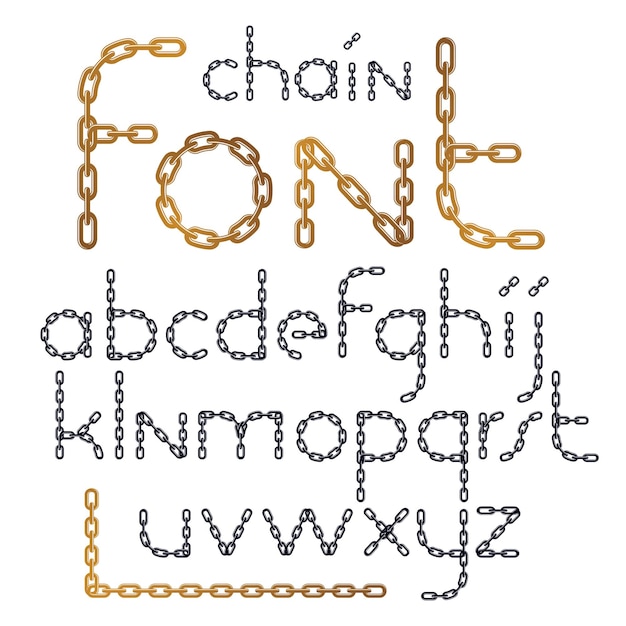 Set of vector English alphabet letters isolated. Lower case creative font made with iron chain, linked connection.