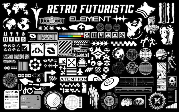 set of vector graphic asset for streetwear design retro futuristic element in y2k