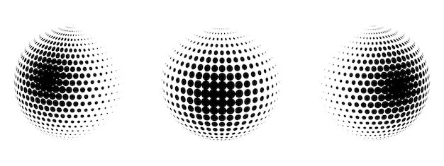 Set of vector halftone spheres Dotted circles with black and white gradient Pattern design element