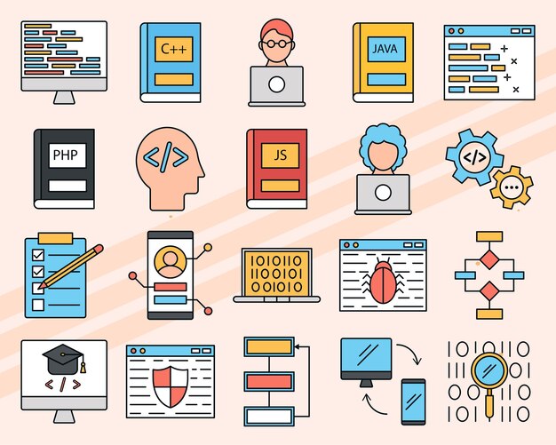 Set of vector icons related to programming and coding including computers and code symbols