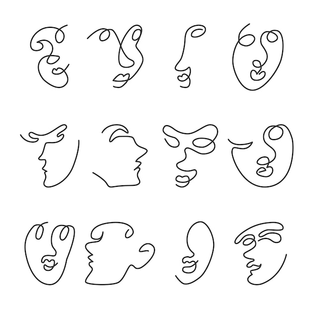 Set of vector illustrations of human faces continous line design