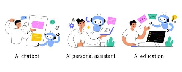 Set of vector illustrations with people using ai chatbot personal assistant and artificial