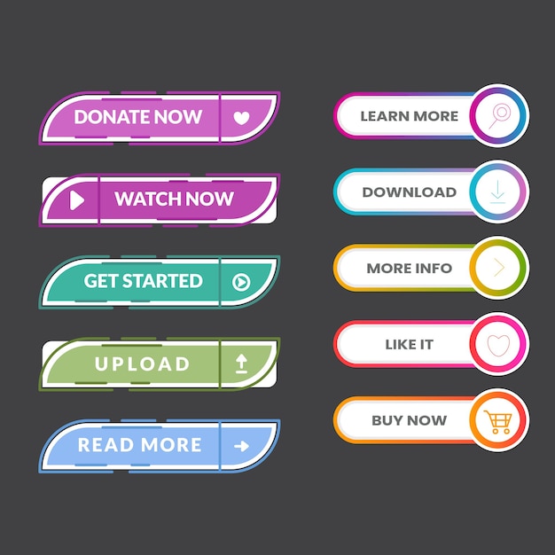 Set of vector modern trendy flat buttons Different colors of main shapes and icons with black outli