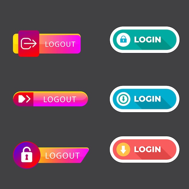 set of vector modern trendy flat buttons different colors of main shapes and icons with black outli