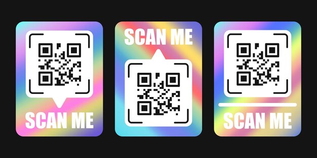 Set of vector QR code frames scan me phone tag template Qr code mockup Y2K holographic rainbow