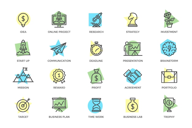 Set of vector startup and business colored line icons with titles Mountain peak target light bulb trophy award presentation handshake brain plant growth knight chess briefcase stopwatch and more
