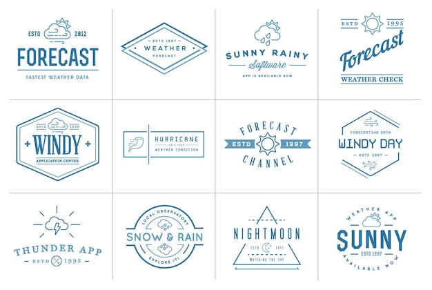 set of vector weather icons and logotypes of business forecasting apps and channels