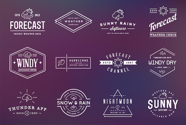 set of vector weather icons and logotypes of business forecasting apps and channels