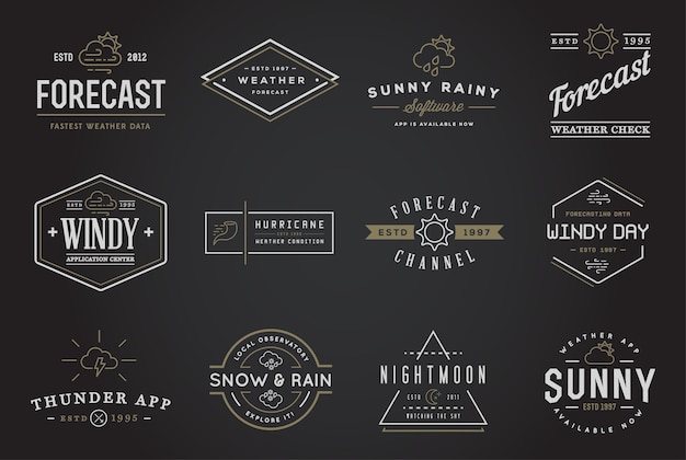 set of vector weather icons and logotypes of business forecasting apps and channels