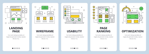  set of vertical banners with landing page, wireframe, usability, page ranking, optimization website templates. 