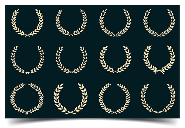 set of vintage silhouette circular laurel foliate silhouette laurel wreath heraldic trophy crest