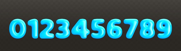 set of volumetric glossy blue 3d numbers from 0 to 9 in realistic style